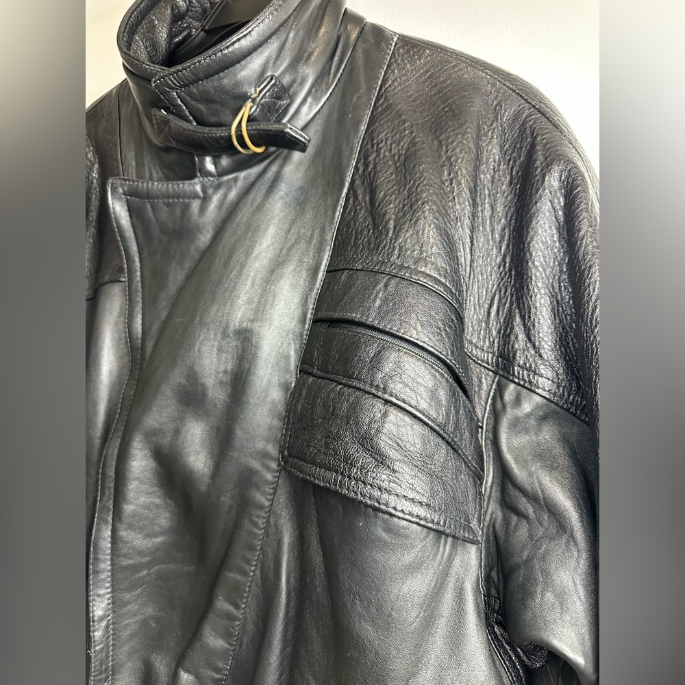 Vintage Vera Pelle Black Leather Bomber Jacket Size 54 (US 44/46) - Picture 3 of 9